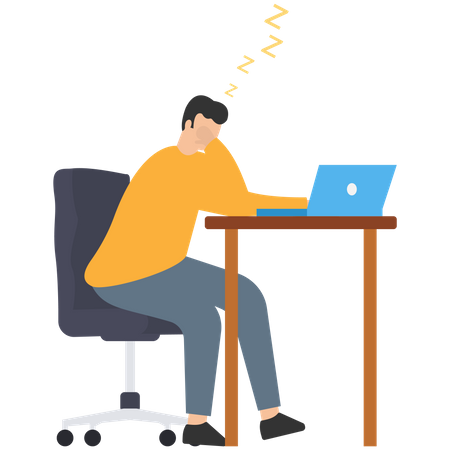 Sleepy businessman hand on chin bored sitting low energy on his working desk  Illustration