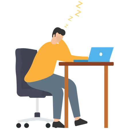 Sleepy businessman hand on chin bored sitting low energy on his working desk  Illustration