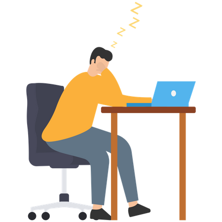 Sleepy businessman hand on chin bored sitting low energy on his working desk Illustration