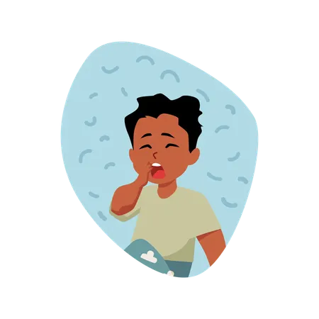 明るい色のパジャマにTシャツを着た眠そうな子供  イラスト