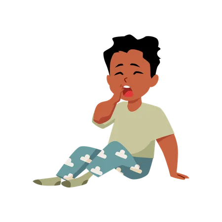 眠い子供がパジャマ姿で座ってあくびをしている  イラスト