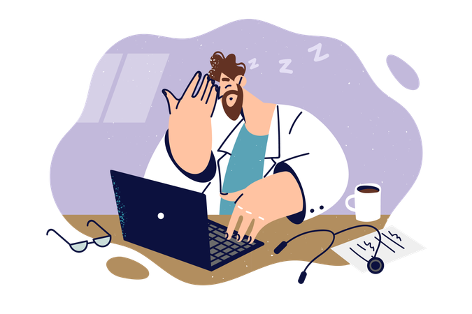 Sleepy doctor sits at desk and falls asleep due to lack of rest  Illustration