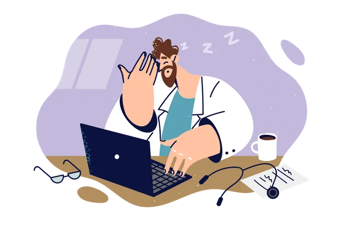 Sleepy Doctor Sits At Desk And Falls Asleep Due To Lack Of Rest Or Working Overtime Tired Doctor Making Career In Field Telemedicine Feels Loss Of Energy Due To Professional Burnout And Overload Illustration