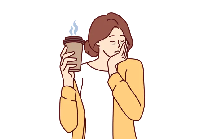 Sleepy Woman Holds Paper Cup Coffee And Falls Asleep Standing Up Due To Severe Exhaustion And Exhausting Work Girl Bought Takeaway Coffee In Coffeeshop To Recharge Energy Thanks To Caffeine Illustration