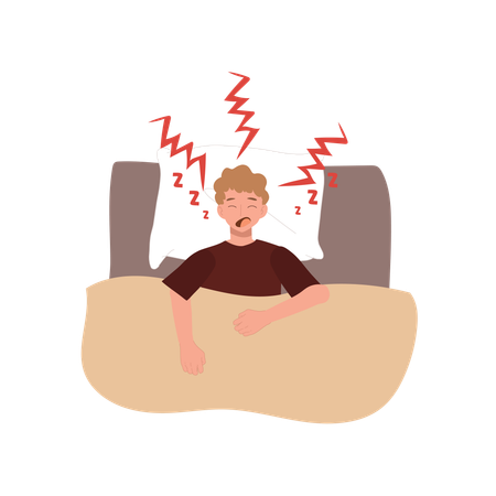 Sleepy Man in Pajamas Snoring Loudly in Bed  Illustration