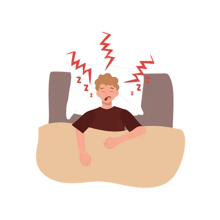 Sleepy Man in Pajamas Snoring Loudly in Bed  Illustration