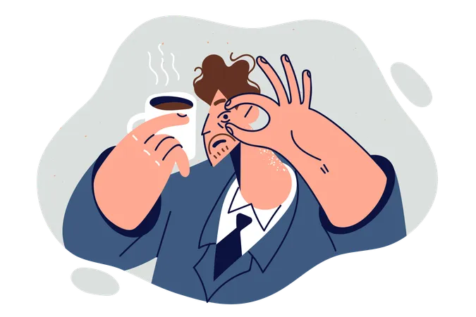 Sleepy Man Holding Mug Of Coffee And Opening Eye With Hand In Need Of Rest Or Break Businessman Drinks Coffee To Get Rid Of Drowsiness And Get Surge Of Energy For Productive Work Illustration