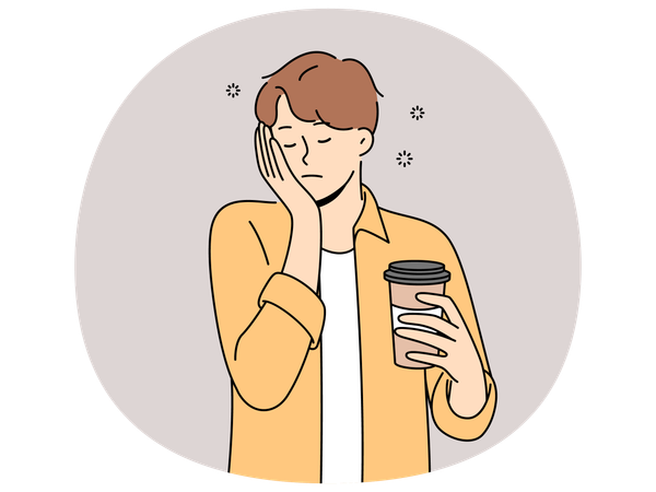 使い捨てのコーヒーカップを持った眠そうな男性は、睡眠不足で疲れ果て、力が出ない。  イラスト