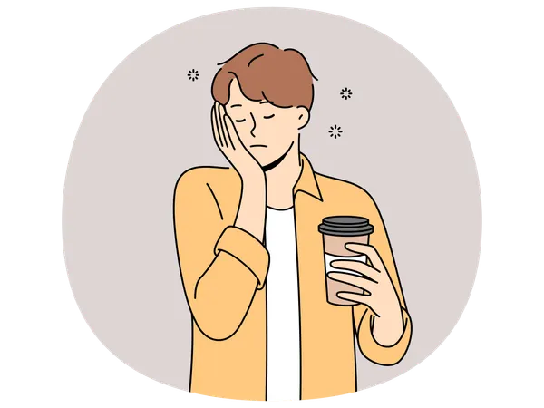 使い捨てのコーヒーカップを持った眠そうな男性は、睡眠不足で疲れ果て、力が出ない。  イラスト