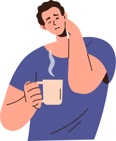 Sleepy man with eyes closed stretching neck and drinking hot coffee  Illustration