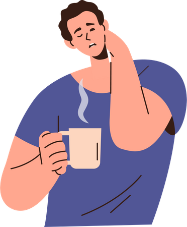 Sleepy man with eyes closed stretching neck and drinking hot coffee  Illustration