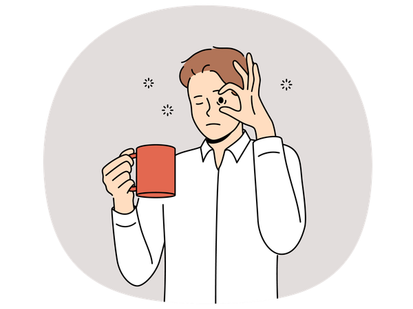 コーヒーのマグカップを持つ眠そうな男性  イラスト