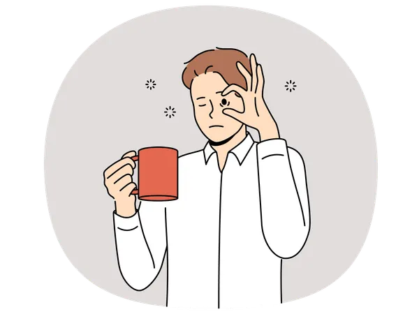 コーヒーのマグカップを持つ眠そうな男性  イラスト