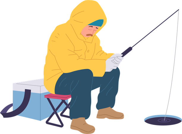 Sleepy relaxed fisherman waiting for bite holding rod submerged in lake river hole  イラスト