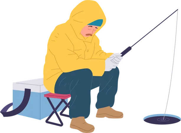 Sleepy Relaxed Fisherman Cartoon Character Waiting For Bite Holding Rod Submerged In Lake River Hole Isolated Vector Illustration Winter Time Angling Adventure On Holiday Vacation Or Weekend Illustration