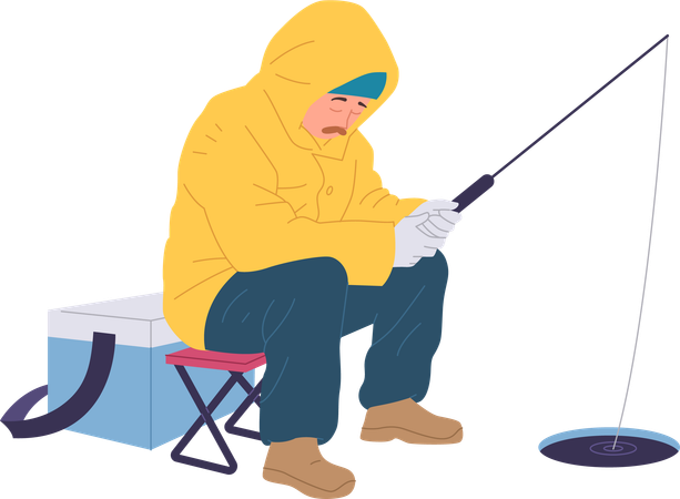 Sleepy relaxed fisherman waiting for bite holding rod submerged in lake river hole  Illustration