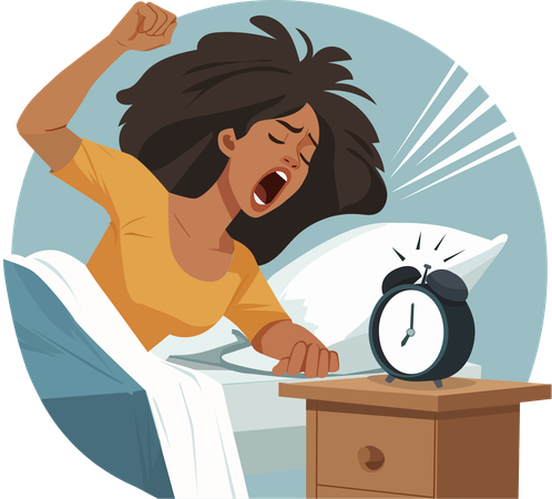Sleepy woman doesn't want to wake up in morning  Illustration