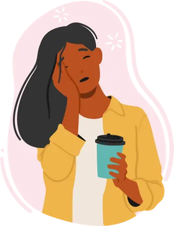 Sleepy Woman Drinking Coffee Female Character With Tired Expression Holding Cup Of Hot Drink Morning Routine Lack Of Sleep Caffeine Addiction Fatigue Concept Cartoon People Vector Illustration Illustration