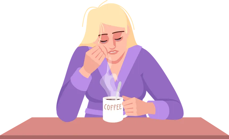 Sleepy Woman Having Coffee  イラスト