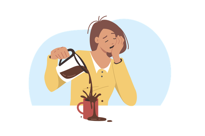 Sleepy woman spilling hot coffee  Illustration