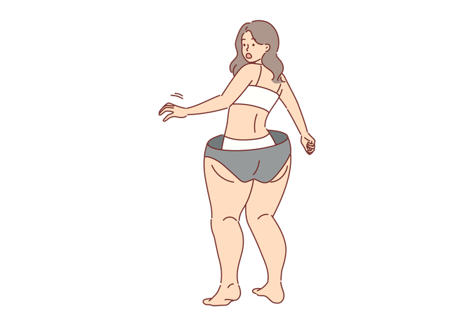 Slender girl gets scared imagining excess weight gain and cellulite on legs and hips  일러스트레이션