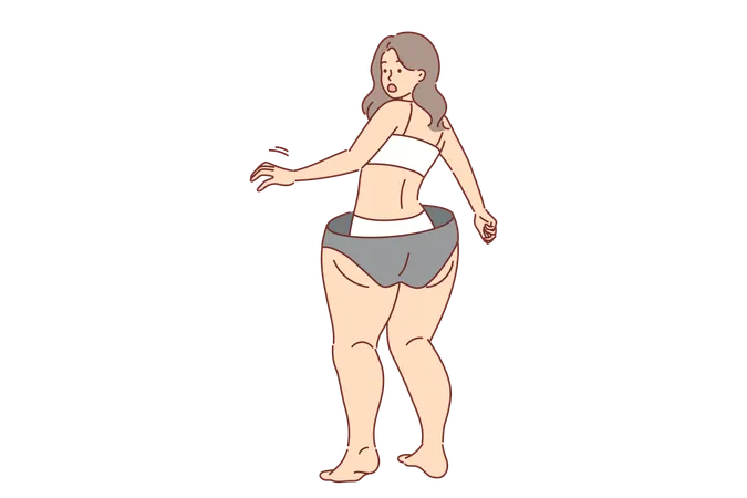 Slender girl gets scared imagining excess weight gain and cellulite on legs and hips  일러스트레이션