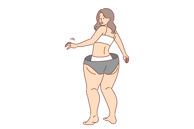 Slender girl gets scared imagining excess weight gain and cellulite on legs and hips  Illustration