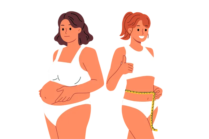 Slender woman fitness trainer stands near client suffering from obesity and shows thumbs up  Illustration