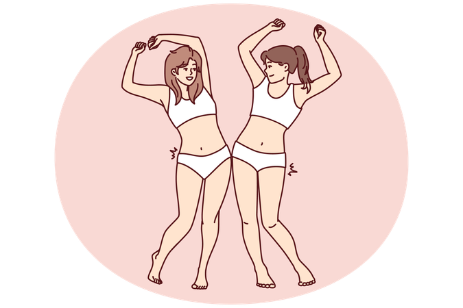 Slender women in swimsuits bumping hips rejoice at result of losing weight after diet  Illustration