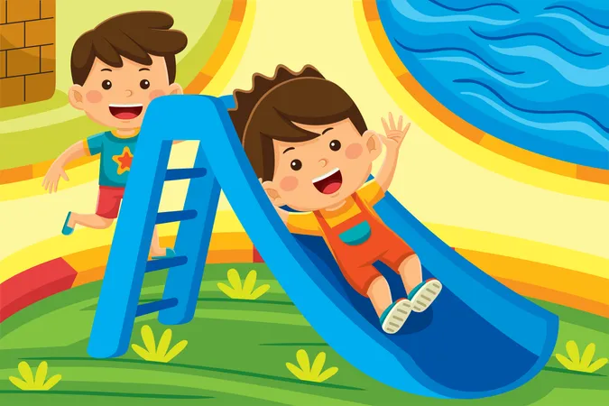 Crianças se divertindo no slide  Ilustração