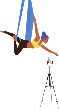 Slim fitness woman hovering in hammock streaming aerial yoga practice  Illustration