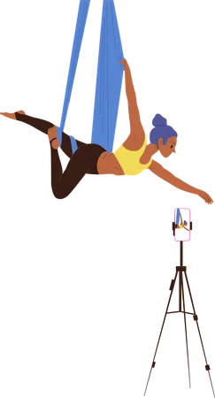 Slim fitness woman hovering in hammock streaming aerial yoga practice  Illustration