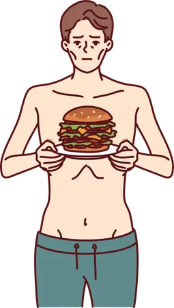 Slim man is trying to eat more to gain more weight  Illustration
