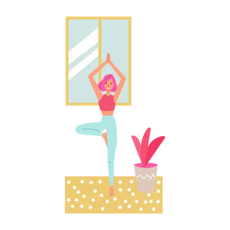 Slim woman standing in yoga asana at home Illustration