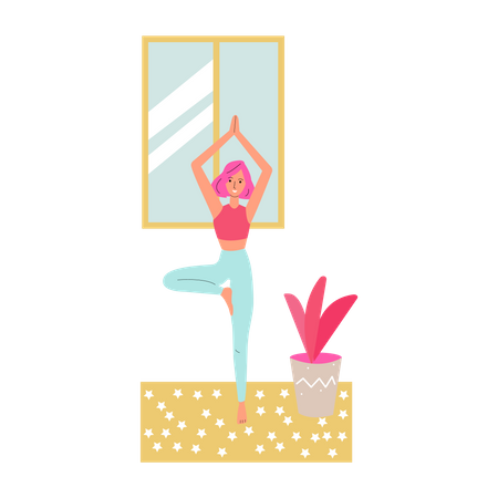 Slim woman standing in yoga asana at home  Illustration