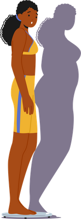 Slim Woman Standing on Scales Gazes At Her Shadow  Illustration