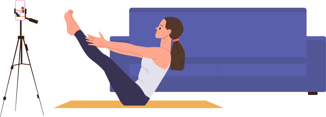 Slim woman trainer sport coach leading pilates blog performing simple exercise  Illustration