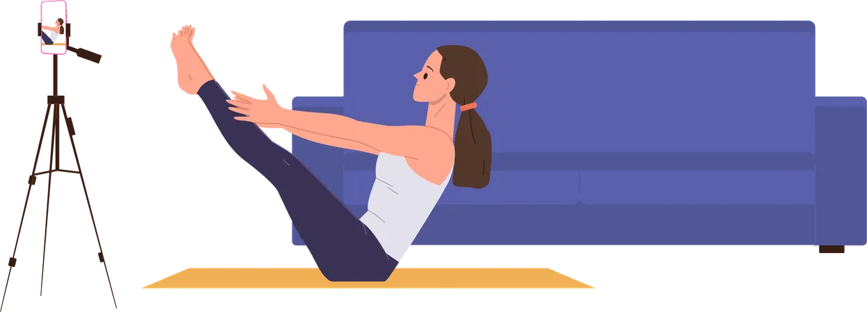 Slim woman trainer sport coach leading pilates blog performing simple exercise  Illustration