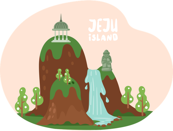 Slope with flowing waterfall and stone statues  Illustration