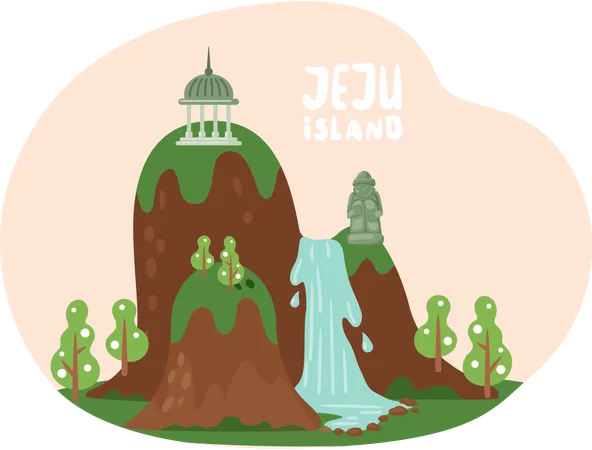 Slope with flowing waterfall and stone statues  Illustration