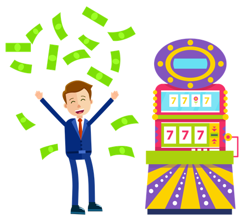 Slot Machine and Happy Gambler with Money Casino  Illustration