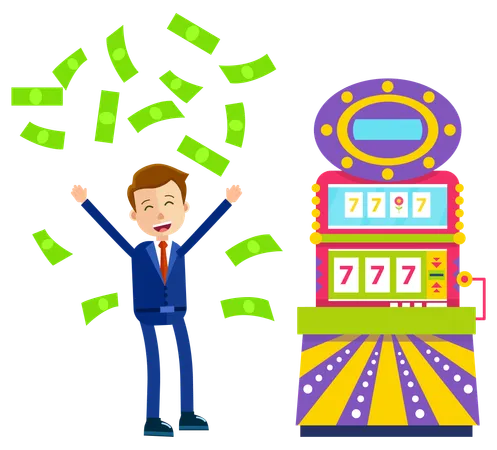 Person In Casino Vector Slot Machine With Numbers And Floral Symbol Flat Style Lucky Seven Businessman With Fortune Wheel Banknotes Winning Dollars Money Pours On A Man Win Jeckpot Illustration