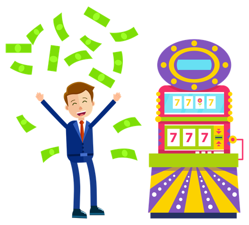 Slot Machine and Happy Gambler with Money Casino  イラスト