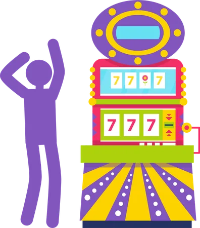 Purple Silhouette Of Man Playing Colorful Slot Machine Gambling Vector Lucky Seven Jackpot Symbol Winning Money In Casino Game Of Chance Vector Machine For Gambling And Winning Money Illustration