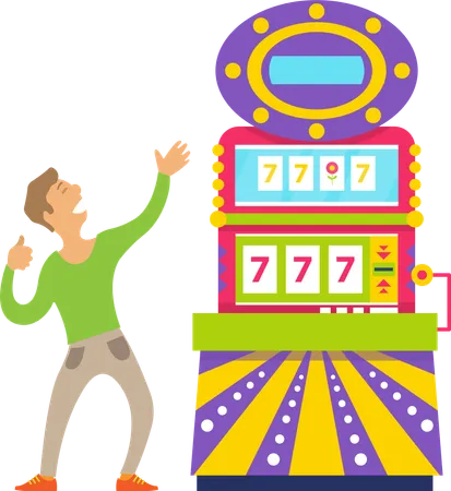 Man Gamer With Rising Hands Happy Person Winning Game Machine With 777 Icons Gambling Colorful Computer Male Player Casino Joystick Vector Illustration