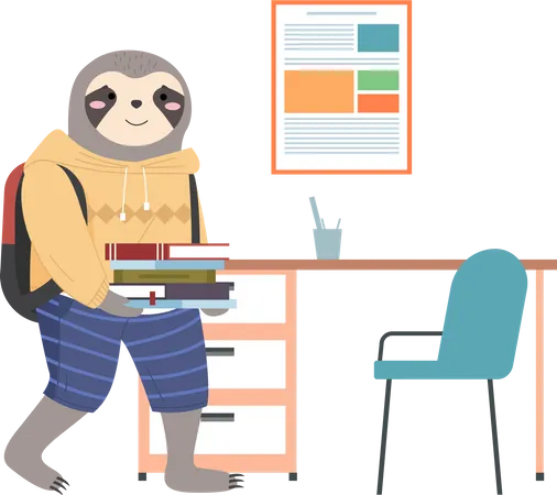 Funny Cartoon Animal Student A Sloth Schoolboy In Uniform Standing With A Books And A Backpack Back To The School Concept Active Pupil Walks With Textbooks In Hands And Spend Time In The Class Illustration