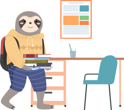 Sloth schoolboy in uniform standing with books and backpack  Illustration