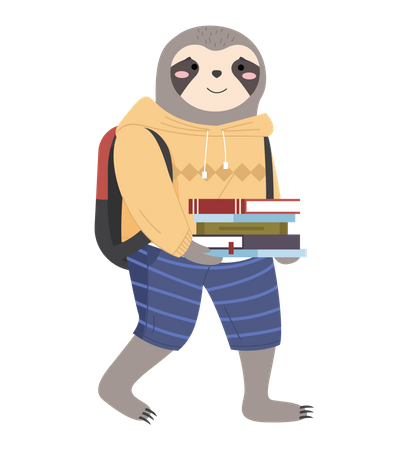 Sloth schoolboy with stack of books and school bag  일러스트레이션