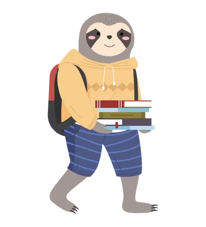 Cute Sloth Schoolboy With Stack Of Books In Hands And A School Bag On His Shoulders Isolated On White Smart Active Pupil With A Backpack Enters The Classroom Back To School Education Theme Illustration