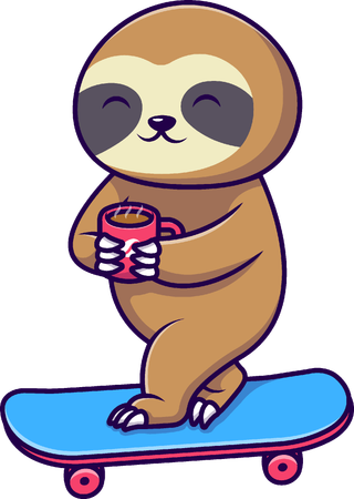 Sloth Skateboarding And Holding Coffee  Illustration